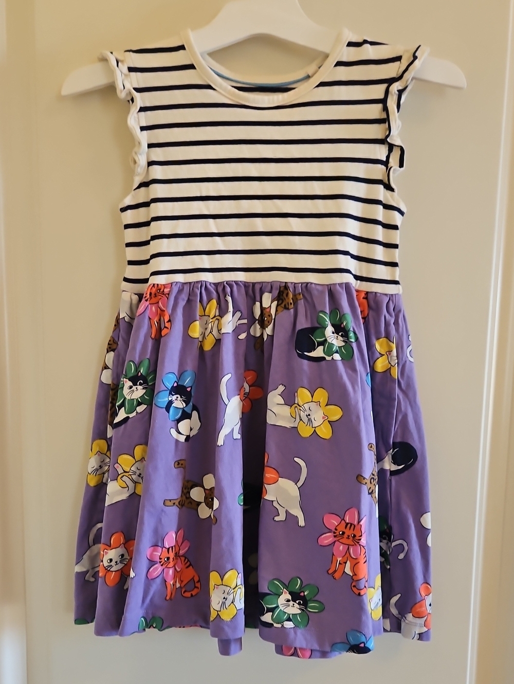 Mini Boden White & Purple Striped Top Dress with Cat Floral Skirt